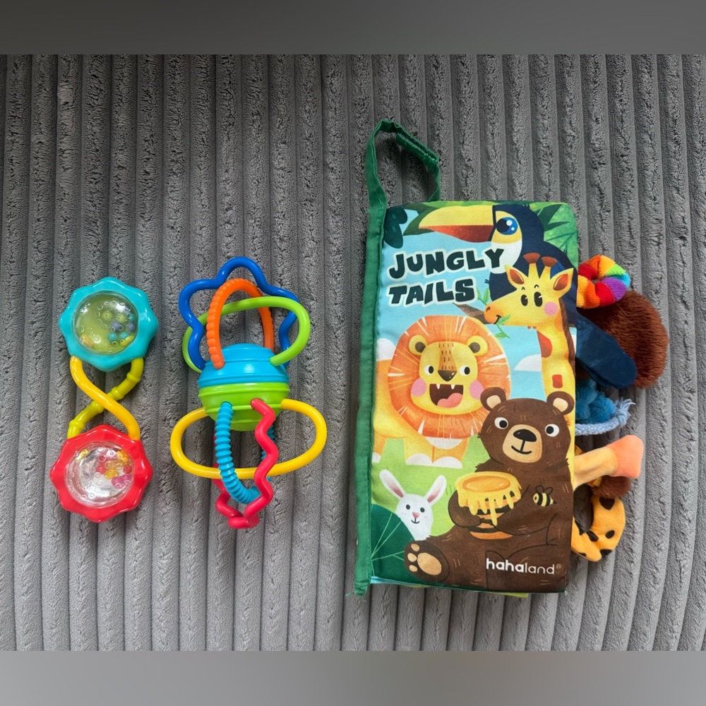 🧸Jungly Tails Plush Activity Book & Multicolor Baby Rattles